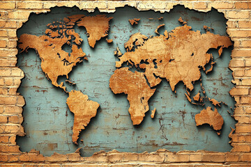World map on textured wall, showcasing continents in warm tones, creating rustic and artistic feel. Perfect for travel enthusiasts and decor lovers