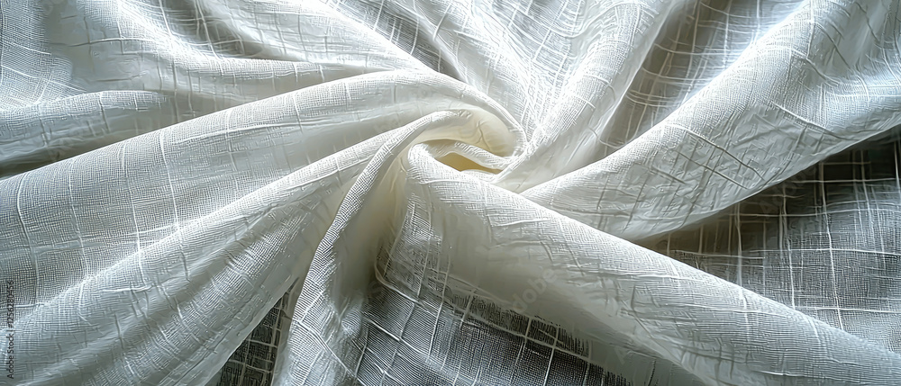 Poster close-up of textured white fabric with subtle grid patterns, showcasing its softness and drape