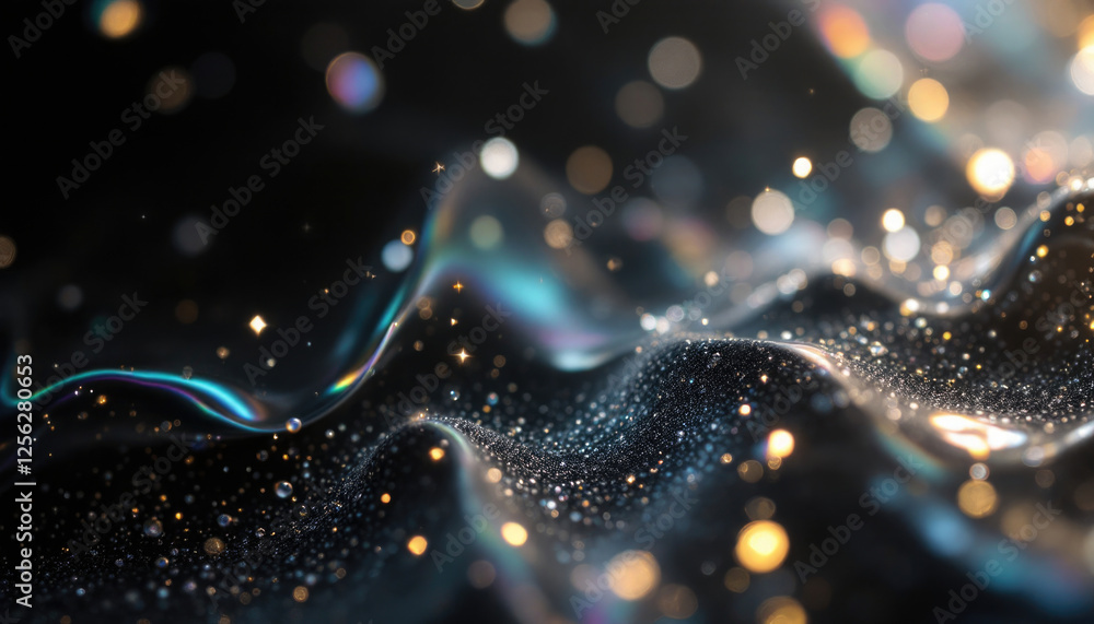 Poster dynamic waves of glittering light and bokeh on dark surface