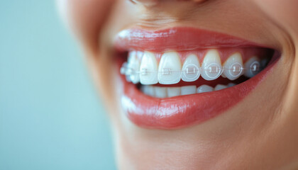 Fototapeta premium Close-up of smiling woman with clear braces on straight teeth