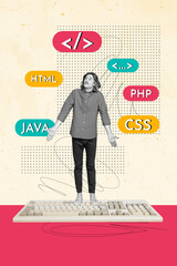 Trend artwork sketch design montage 3D collage of young guy confused stand obsolete keyboard coder...