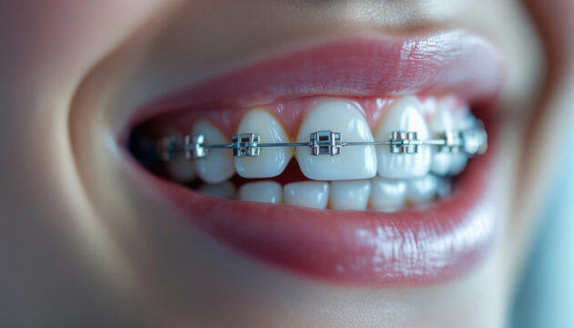 Close-up of smiling young caucasian woman with dental braces on teeth