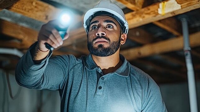 Home Inspection Professional with Flashlight - A focused home inspector uses a flashlight to examine a dark basement, ensuring thorough assessment of the property