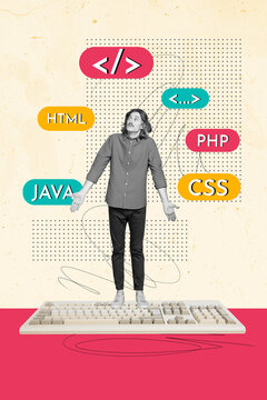 Trend artwork sketch design montage 3D collage of young guy confused stand obsolete keyboard coder hacker php java html css program