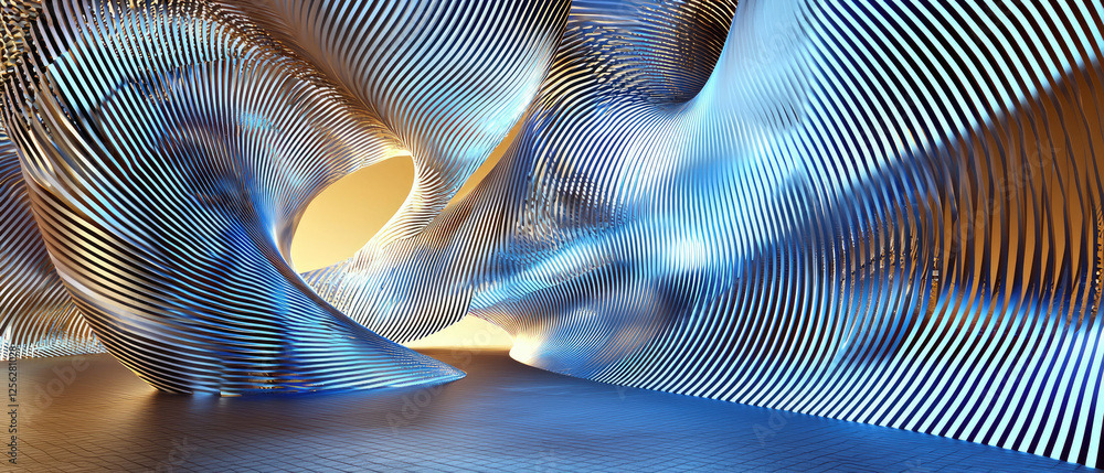 Poster abstract architectural design featuring flowing blue and orange patterns in a surreal space