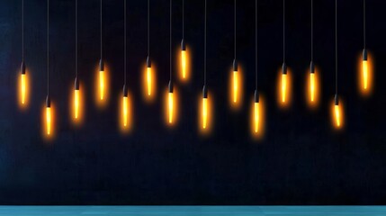 Illuminated Bulbs Hanging Against Dark Wall - Warm-toned Edison bulbs hang against a dark blue wall, creating a moody and elegant atmosphere. Perfect for design and home decor