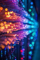 Glowing bundle of fiber optic cables in a dark server room showcasing advanced technology and connectivity.