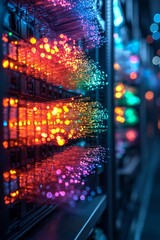Fototapeta premium Glowing bundle of fiber optic cables in a dark server room showcasing advanced technology and connectivity.