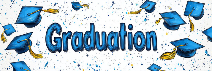 Graduation celebration banner with falling graduation caps and confetti