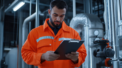 Industrial Worker Reviewing Checklist - A focused worker in an orange jumpsuit meticulously examines a clipboard, symbolizing diligence, precision, industrial work, maintenance, and safety