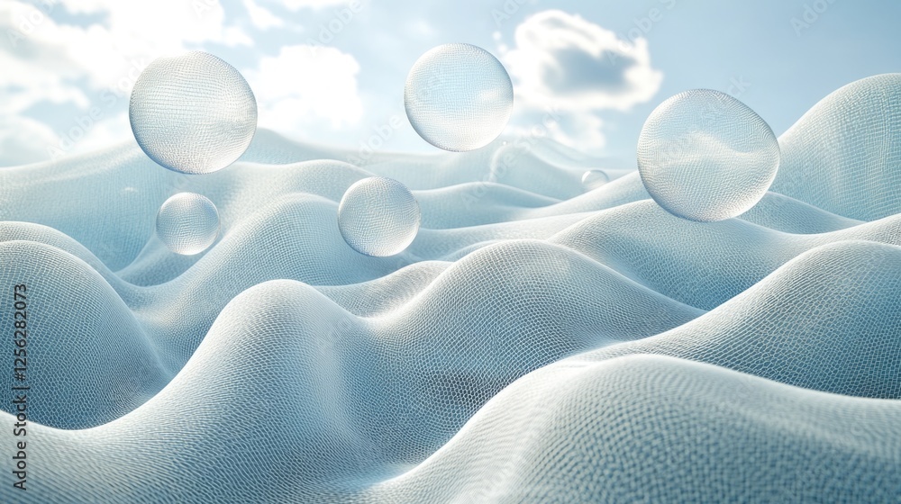 Poster floating transparent spheres over undulating fabric surface with clouds in sky