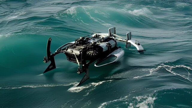 Autonomous marine vehicle maneuvering through undulating waves, showcasing its stability and navigation capabilities in challenging maritime conditions