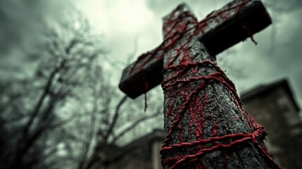 Gothic cross wrapped in red vines amidst overcast skies. Easter, Pascha, Paskha, Ostern, Pascua, Paques - Orthodox and Catholic Holiday celebration