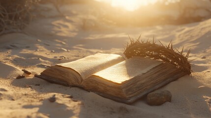 Sunlit open bible with crown of thorns on desert sand at sunrise. Easter, Pascha, Paskha, Ostern, Pascua, Paques - Orthodox and Catholic Holiday celebration