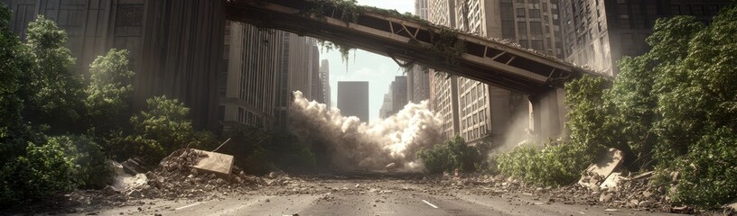 Colossal monster destroying urban bridges and highways