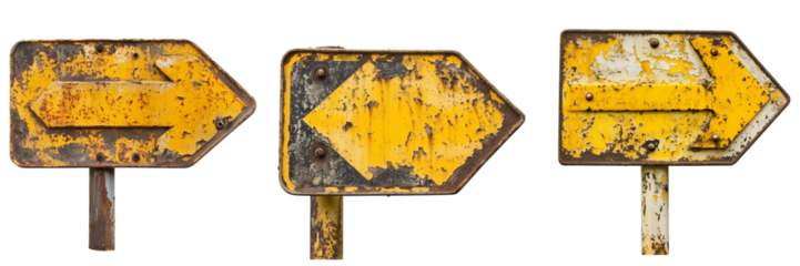 Set of A simple street sign with bold yellow and black text mounted on a metal pole on transparent png background