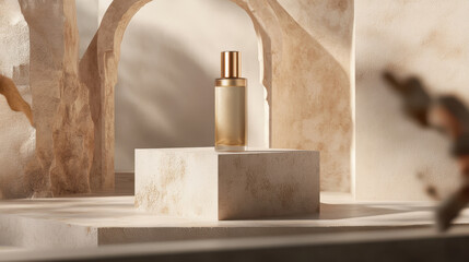 Luxury product packaging showcased on a geometrically podium