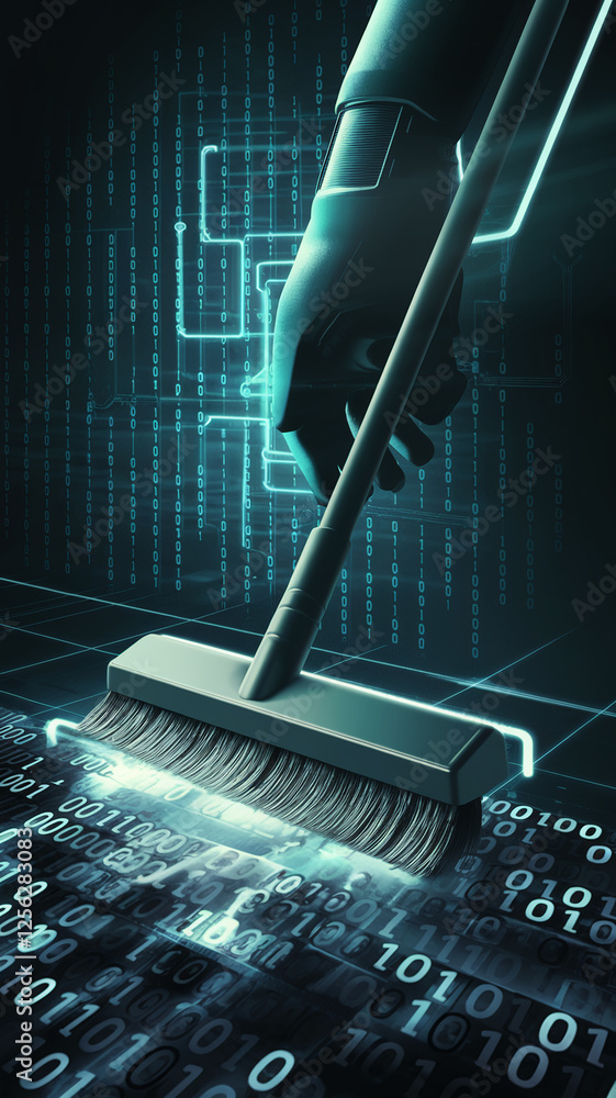 Poster a futuristic broom sweeping away binary code (1s and 0s) on a glowing digital surface, symbolizing d