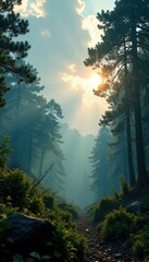 Clouds obscure the sunlight filtering through the forest, sunlight, atmosphere,