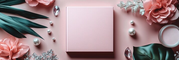 Pink square book mockup with tropical leaves, pearls, flowers and  cream on pink background