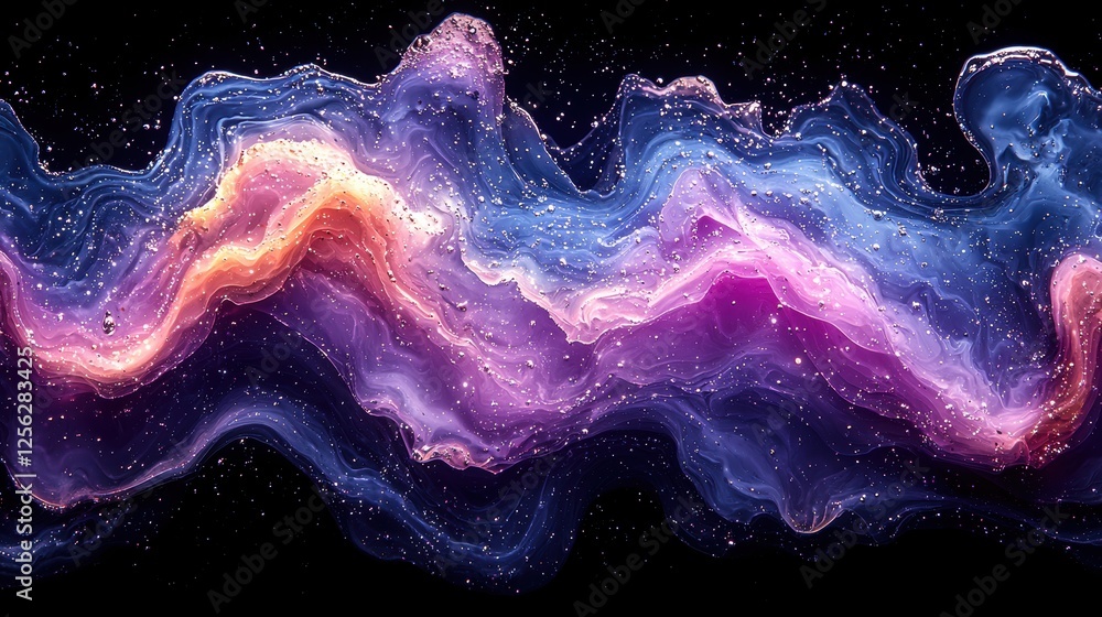Poster a vibrant abstract wave of colors blending in a cosmic-like design.