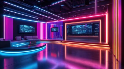 Obraz premium Brightly lit television studio with vibrant LED panel design and modern layout
