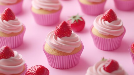 Delicious strawberry and cream cupcakes on a pink background, cupcakes, strawberries, cream, sweet, dessert