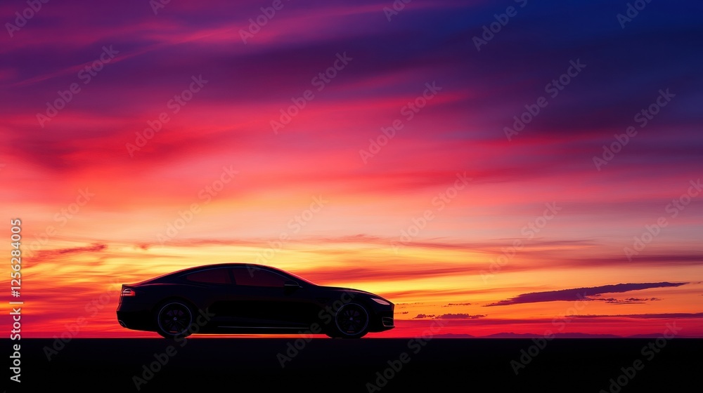 Poster sleek car silhouette against vibrant sunset sky with space for text in spacious background. generati