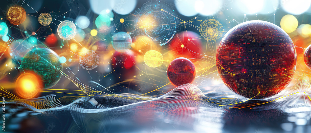 Poster abstract representation of colorful spheres and glowing lights in a digital landscape setting