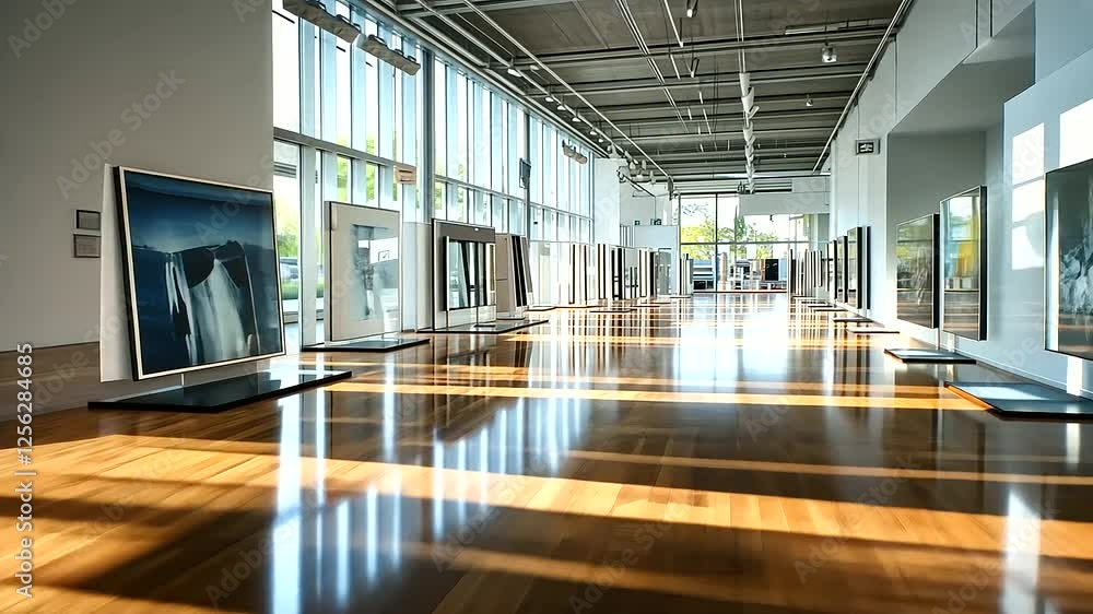 Poster aluminum window frames in various sizes and shapes displayed on polished stands in a spacious, well-