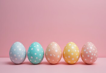Fototapeta premium Colorful polka dot Easter eggs on pink background.