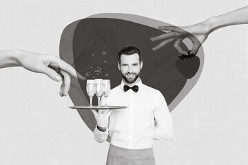 Composite collage image of two black white gamma arms fingers touch alcohol glass hold strawberry...