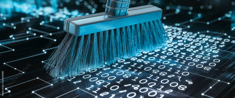 Aufkleber A close-up of a broom sweeping over digital binary code, symbolizing the concept of data cleaning, cybersecurity, and the maintenance of digital systems in a high-tech environment.