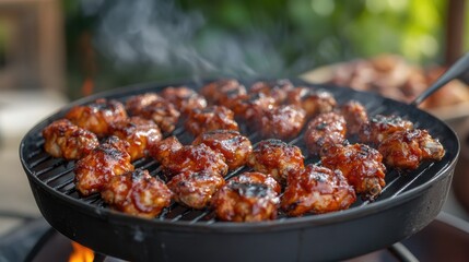 Delicious boneless chicken wings coated in savory buffalo BBQ sauce , Chicken, Wings, BBQ Sauce, Delicious, Savory, Spicy, Appetizer