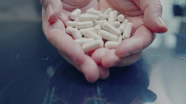 Disease Treatment Plan, Get Rid of Pain after Consulting a Doctor. Pharmaceutical Recommendation for Healthcare. Medicine for Anxiety, Chronic Diseases. Pile of Capsules in Palms. Overdose