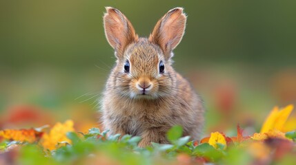A cute rabbit sitting among colorful autumn leaves in a natural setting.