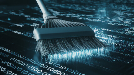 A close-up of a broom sweeping binary code, representing digital data cleaning and maintenance in a virtual computing environment symbolizing cybersecurity and data protection.