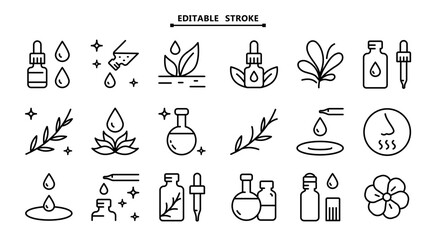 Essential oils aromatherapy vector icons set. Editable stroke. Elements - aroma therapy, candles, stones, massage