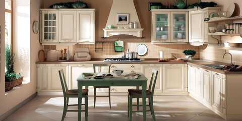 Fototapeta premium Bright Modern Kitchen with Cream Cabinets and Green Accents 