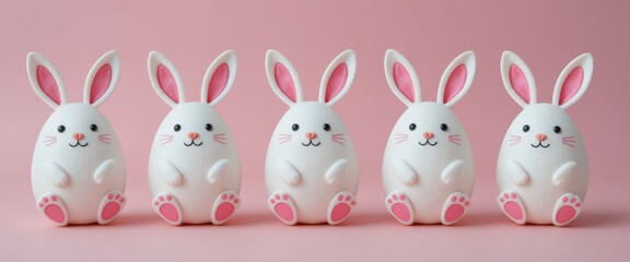 Obraz premium Five adorable egg-shaped rabbits on pink background.