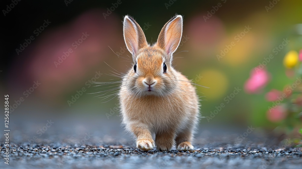 Poster a cute rabbit walking on a gravel path with a blurred colorful background.