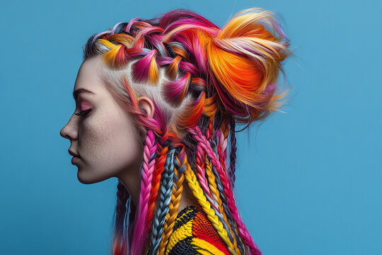 Young teenager girl with rainbow colorful hairstyle on blue. Avant garde hair fashion with braids and unique styling. For youth culture, diversity, hair identity, personal style concept