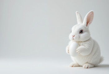 Obraz premium Cute white rabbit holding an egg on a minimalist background.