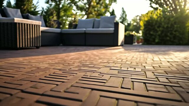 Close-up of interlocking clay pavers in a herringbone pattern, creating a sophisticated outdoor patio framed by modern garden furniture and soft lighting.