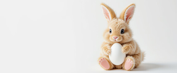 Obraz premium Fluffy bunny holding white egg on light background.