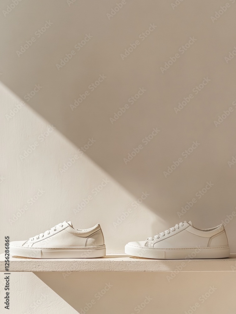 Poster Minimalist shoe shelf showcasing stylish sneakers with blank space for personalized text in a modern setting. Generative AI