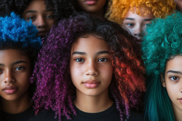 Diverse group of young women showcasing colorful curly hairstyles  