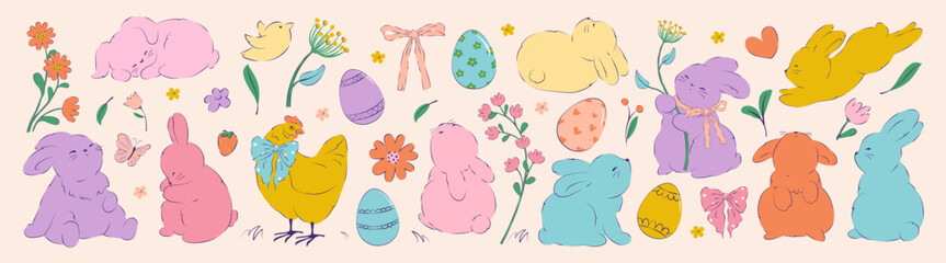 Easter design. Hand drawn cute bunnies, eggs, flowers, chick. Colorful vector spring illustrations. Holiday cards, banners, covers.
