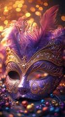 Glittering purple and gold Mardi Gras mask with feathers, jeweled accents, and ornate detailing, surrounded by festive beads and glowing lights