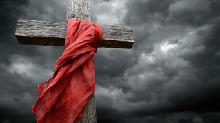 Weathered wooden cross with red cloth against stormy sky. Easter, Pascha, Paskha, Ostern, Pascua, Paques - Orthodox and Catholic Holiday celebration
